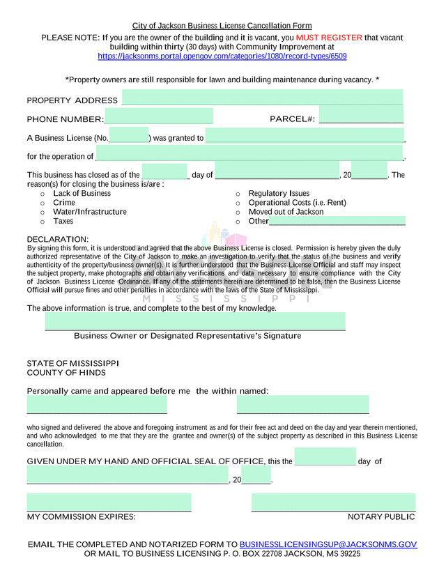 City Of Jackson Business License Cancellation Form screenshot