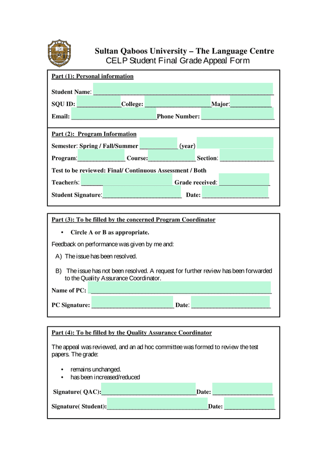 CELP Student Final Grade Appeal Form screenshot
