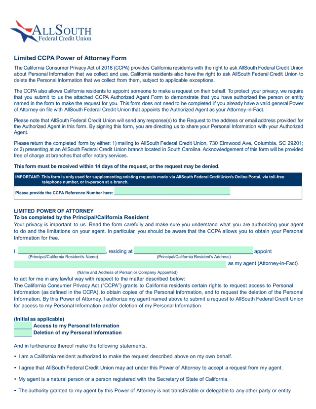 Limited CCPA Power Of Attorney Form screenshot