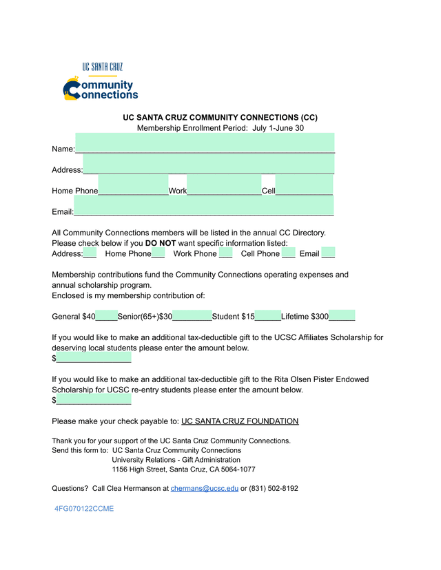 UC Santa Cruz Community Connections Membership Enrollment Form screenshot