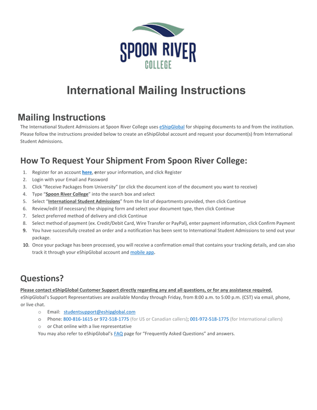 International Mailing Instructions screenshot