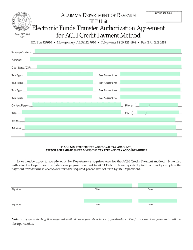 Electronic Funds Transfer Authorization Agreement For ACH Credit Payment Method screenshot