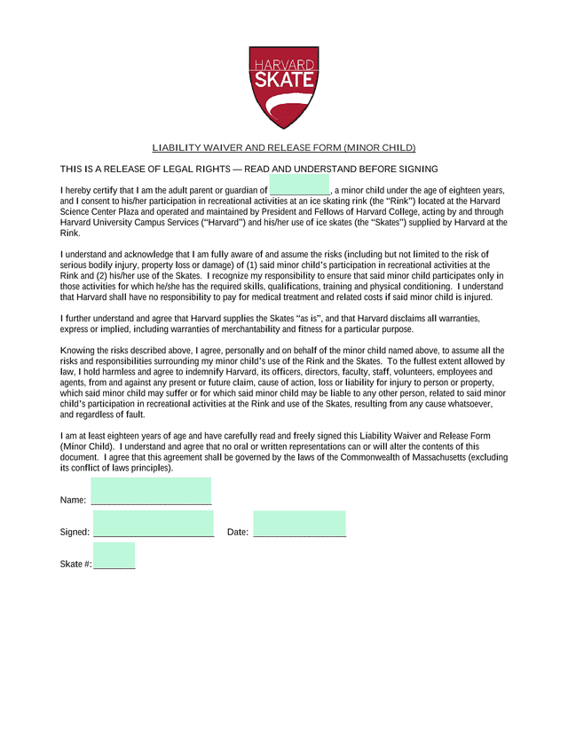 Liability Waiver And Release Form (Minor Child) screenshot