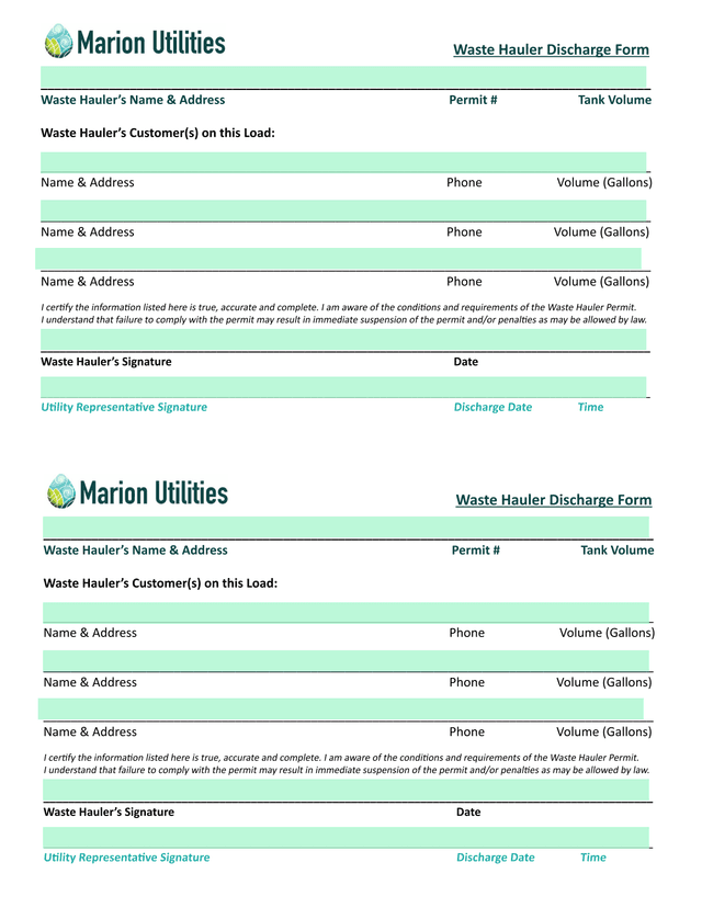 Waste Hauler Discharge Form screenshot