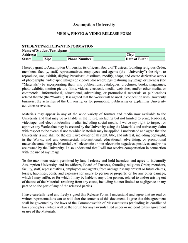 MEDIA, PHOTO  VIDEO RELEASE FORM screenshot