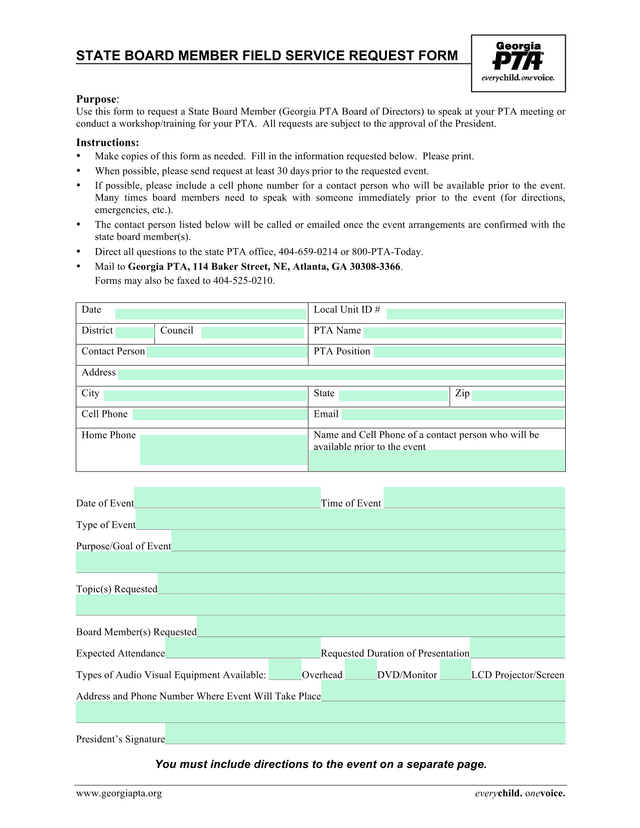 State Board Member Field Service Request Form screenshot