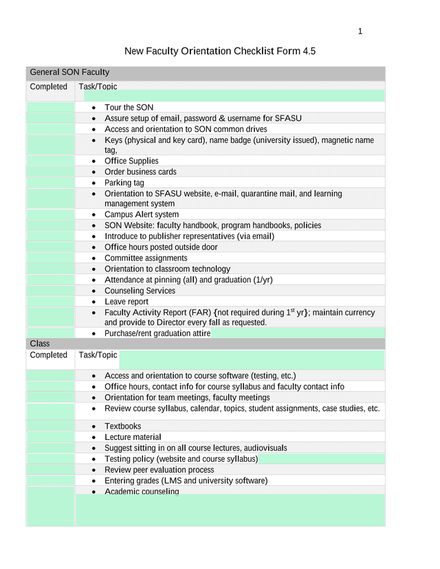 New Faculty Orientation Checklist Form 4.5 screenshot