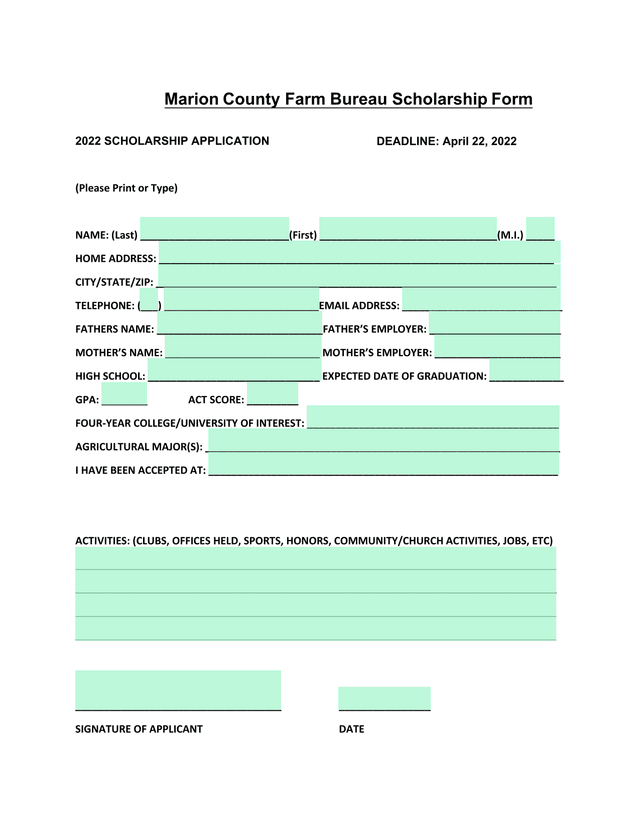 Marion County Farm Bureau Scholarship Form screenshot