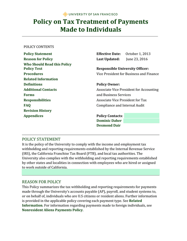 Policy On Tax Treatment Of Payments Made To Individuals screenshot