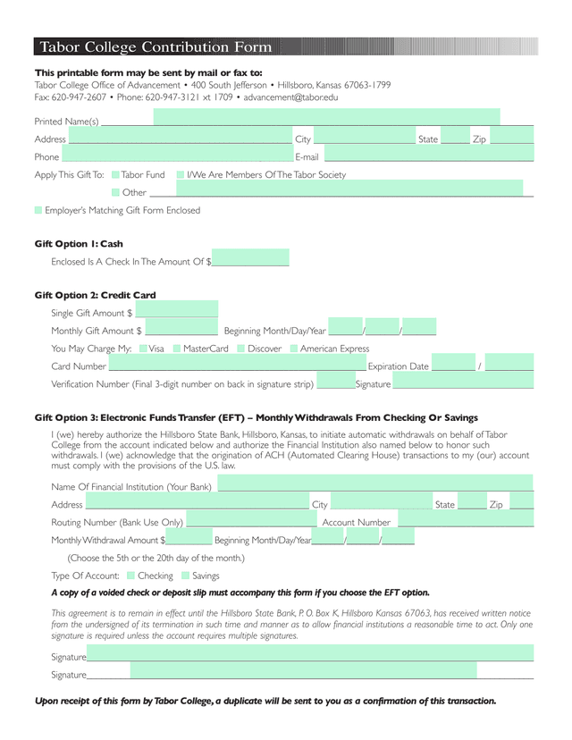 Tabor College Contribution Form screenshot