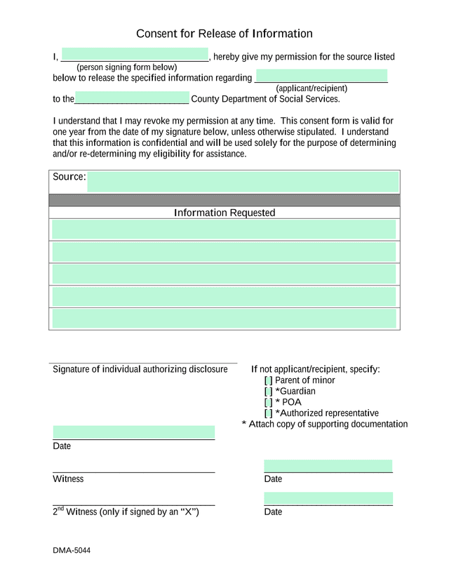 DMA 5044 Consent For Release Of Information screenshot