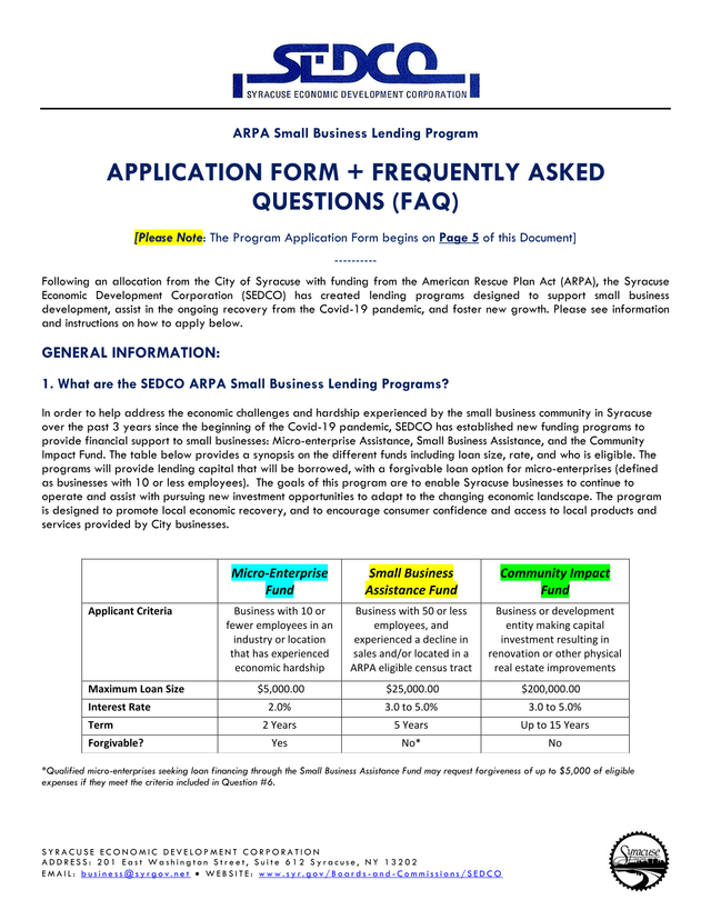 ARPA Small Business Lending Program Application Form  FAQ screenshot