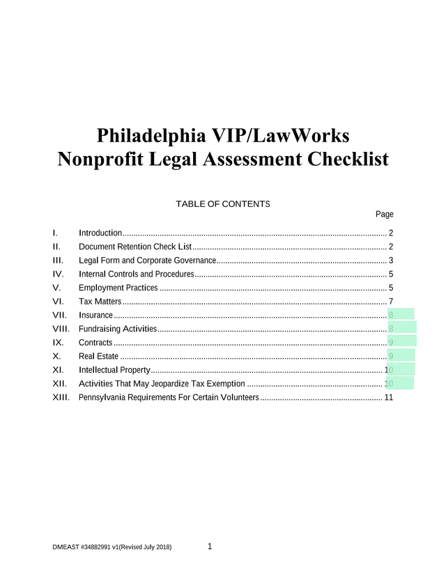 Philadelphia VIPLawWorks Nonprofit Legal Assessment Checklist screenshot