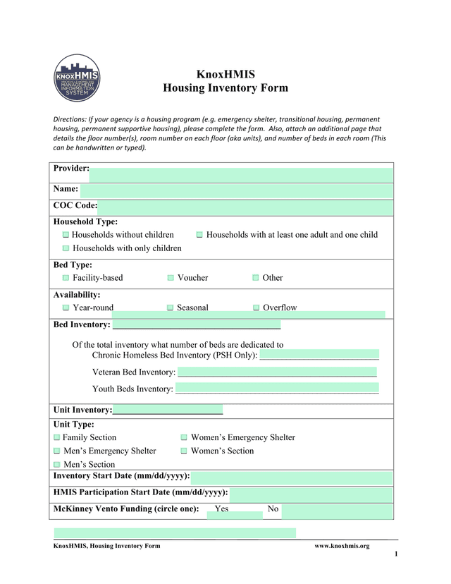 KnoxHMIS, Housing Inventory Form screenshot