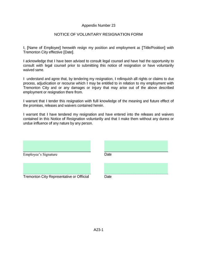 Notice Of Voluntary Resignation Form screenshot