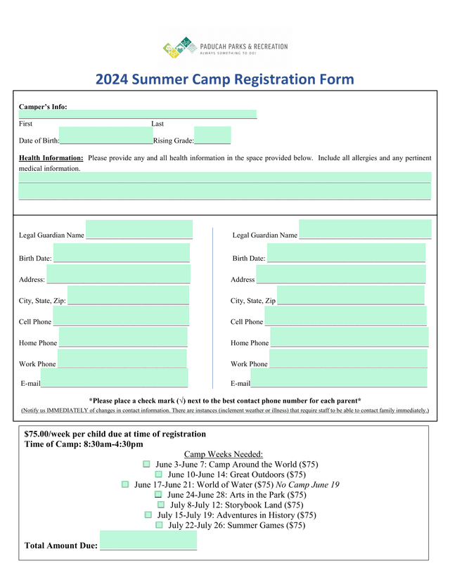 2024 Summer Camp Registration Form screenshot