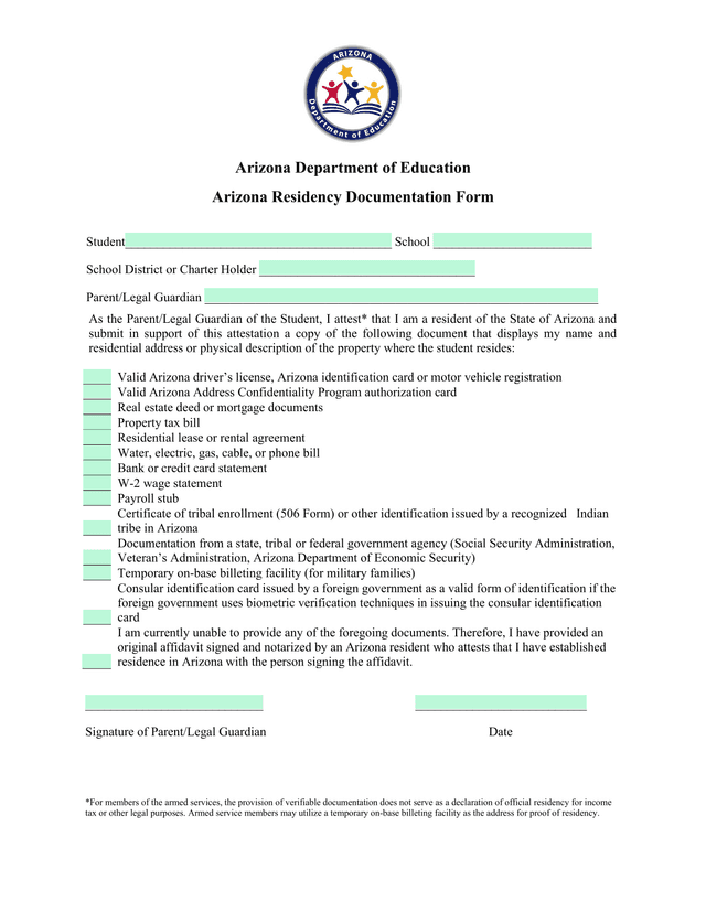 Arizona Residency Documentation Form screenshot
