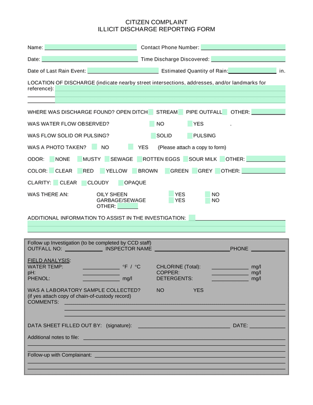 Citizen Complaint Illicit Discharge Reporting Form screenshot