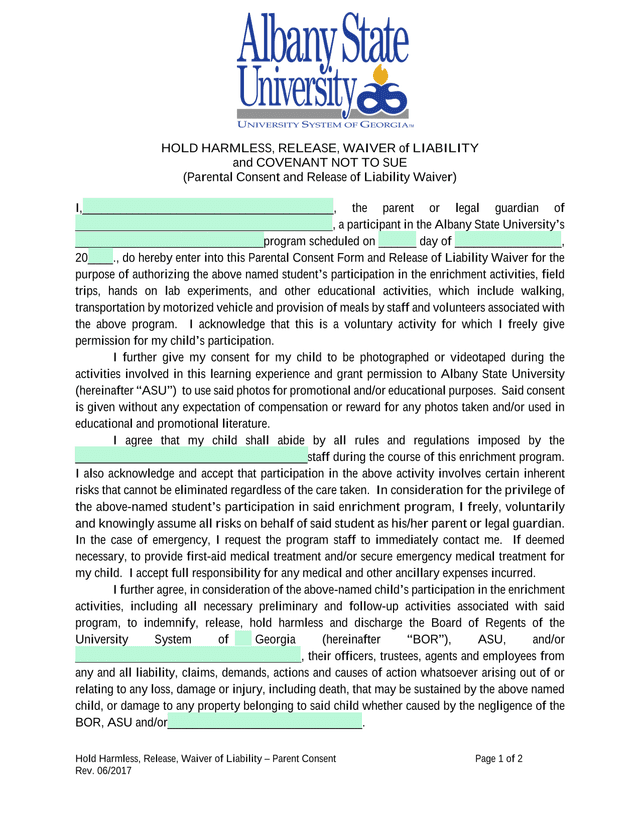 Hold Harmless, Release, Waiver Of Liability And Covenant Not To Sue screenshot