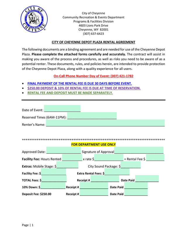 City Of Cheyenne Depot Plaza Rental Agreement screenshot