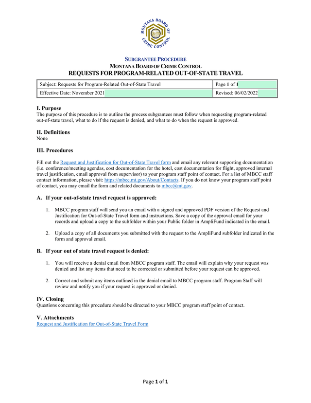 SUBGRANTEE PROCEDURE REQUESTS FOR PROGRAM RELATED OUT OF STATE TRAVEL screenshot
