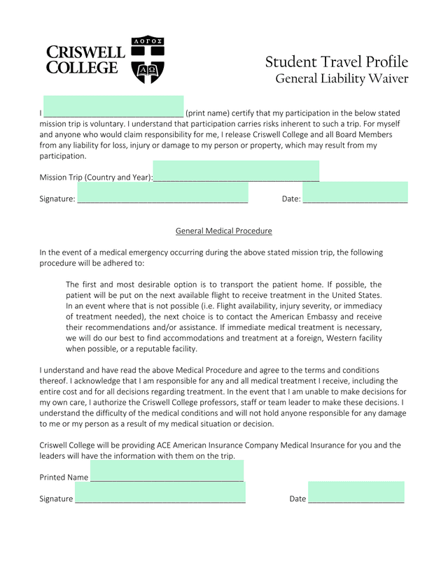 Student Travel Profile General Liability Waiver screenshot