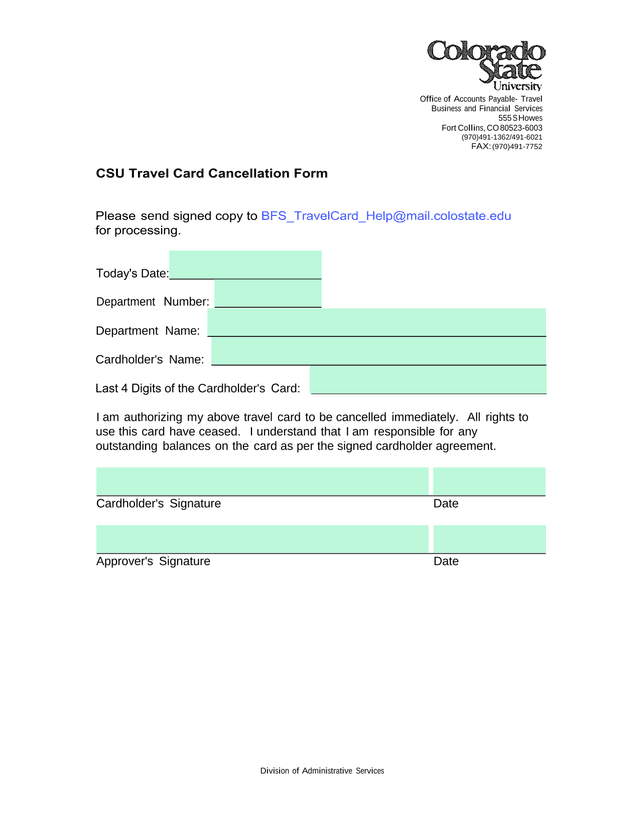 CSU Travel Card Cancellation Form screenshot