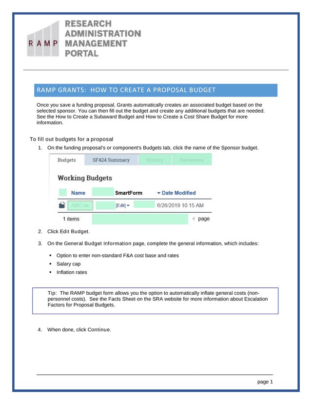 RAMP GRANTS HOW TO CREATE A PROPOSAL BUDGET screenshot