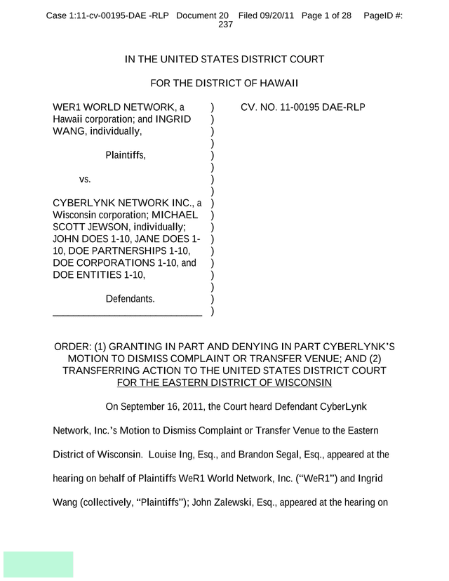 CyberLynk Network, Inc. Motion To Dismiss Or Transfer Venue screenshot