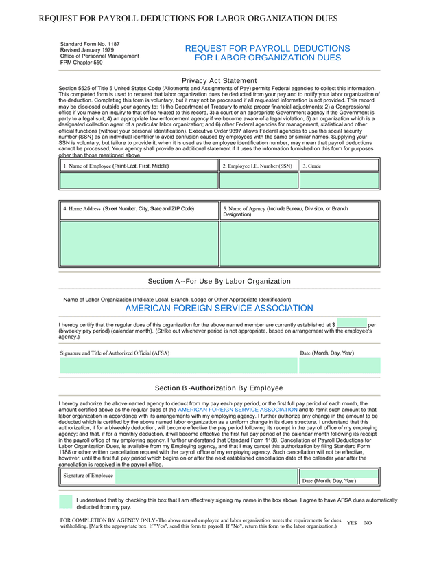 Privacy Act Statement   Labor Organization Dues Deduction screenshot