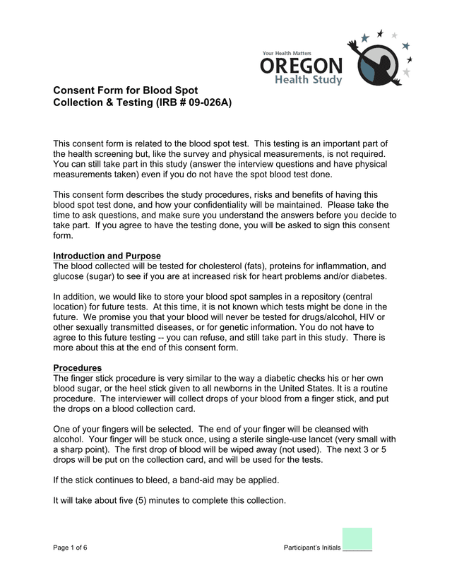 Consent Form For Blood Spot Collection  Testing (IRB  09 026A) screenshot
