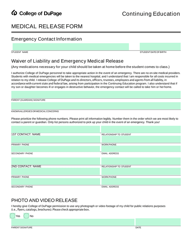 Medical Release Form screenshot