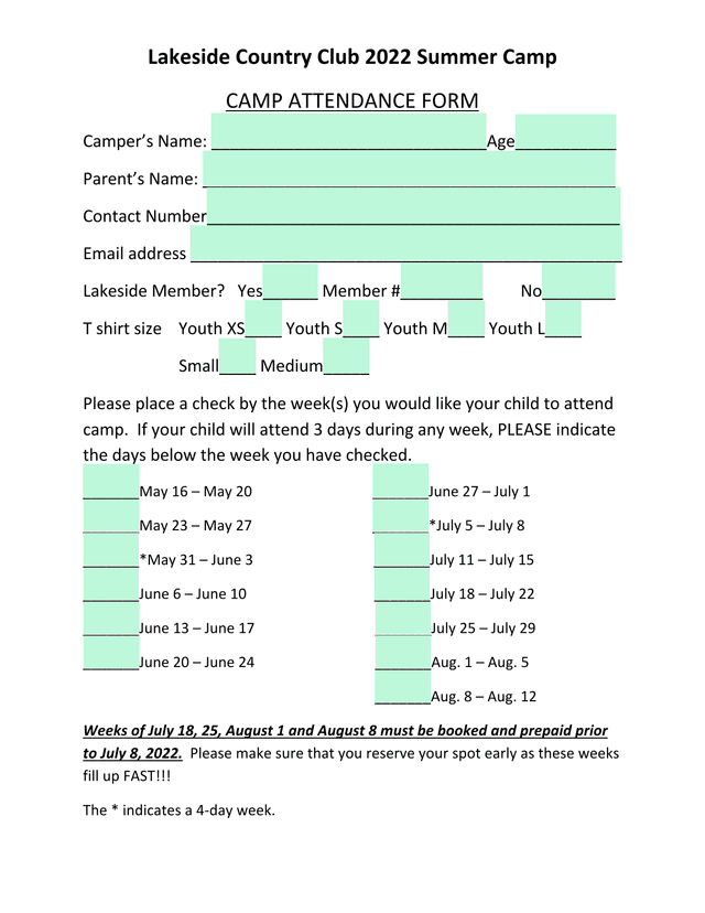Lakeside Country Club 2022 Summer Camp Attendance Form screenshot