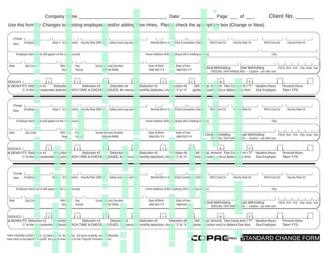 STANDARD CHANGE FORM screenshot