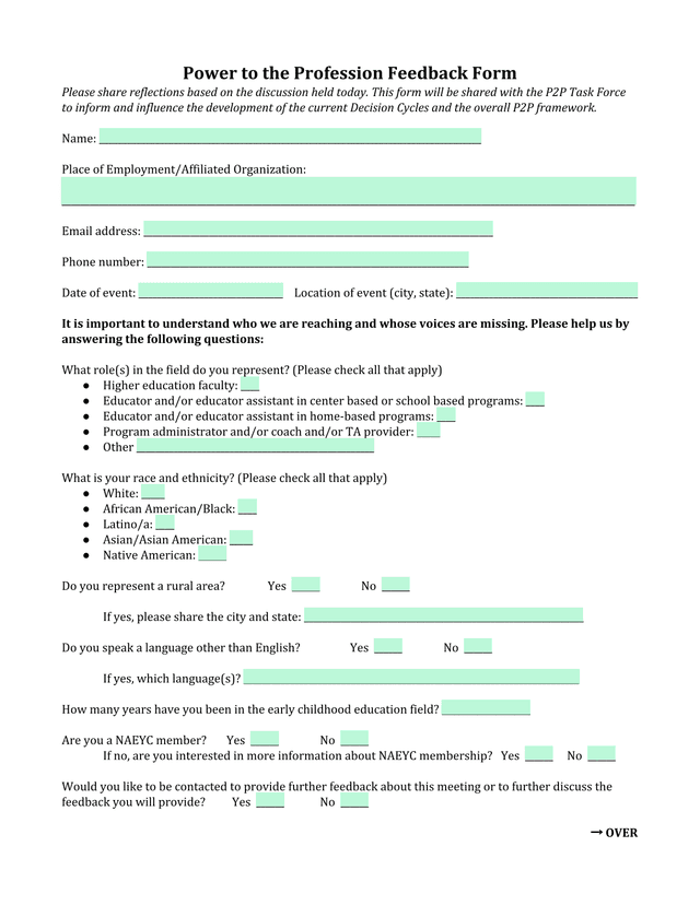 Power To The Profession Feedback Form screenshot