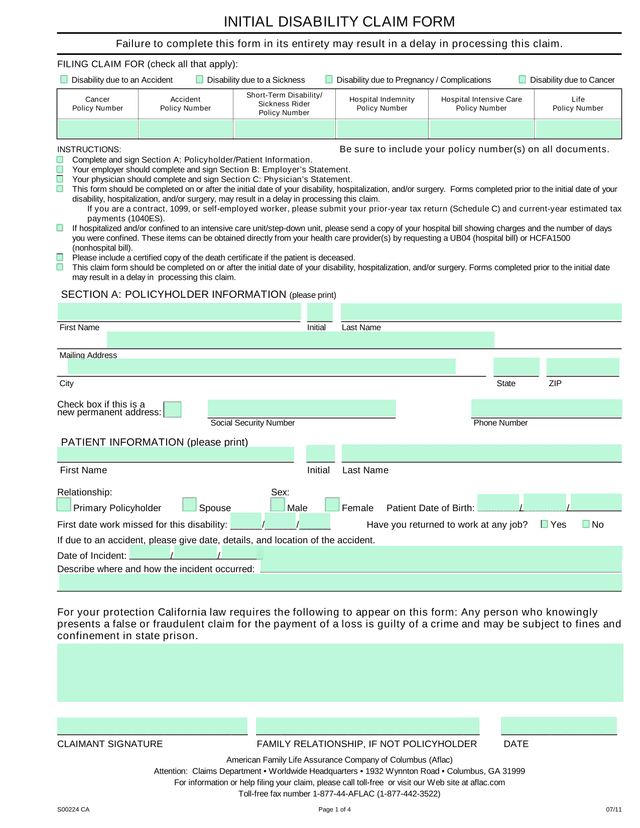 Initial Disability Claim Form screenshot