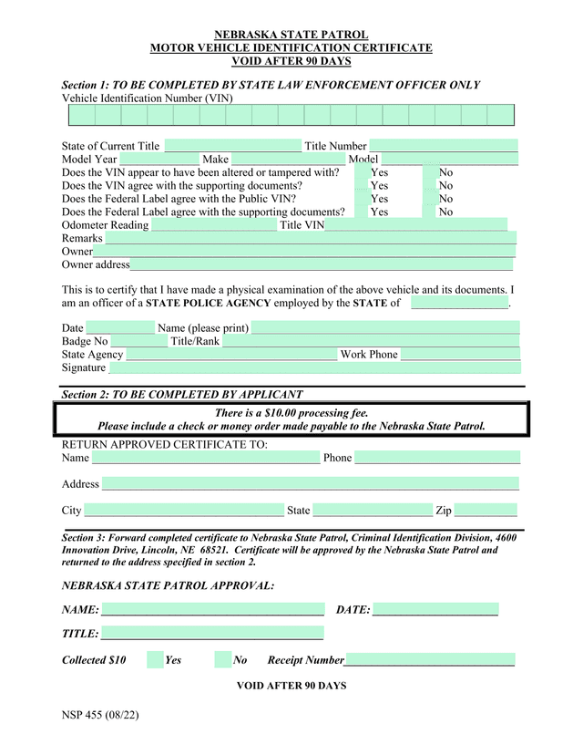 NSP 455 Motor Vehicle Identification Certificate screenshot