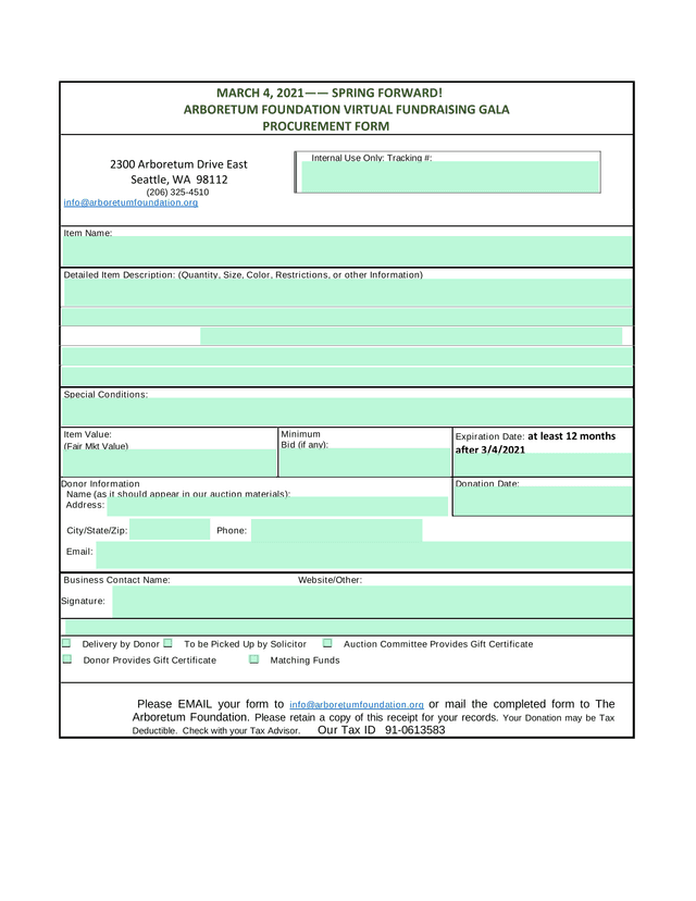 Arboretum Foundation Virtual Fundraising Gala Procurement Form screenshot