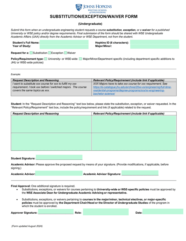 SUBSTITUTIONEXCEPTIONWAIVER FORM (Undergraduate) screenshot