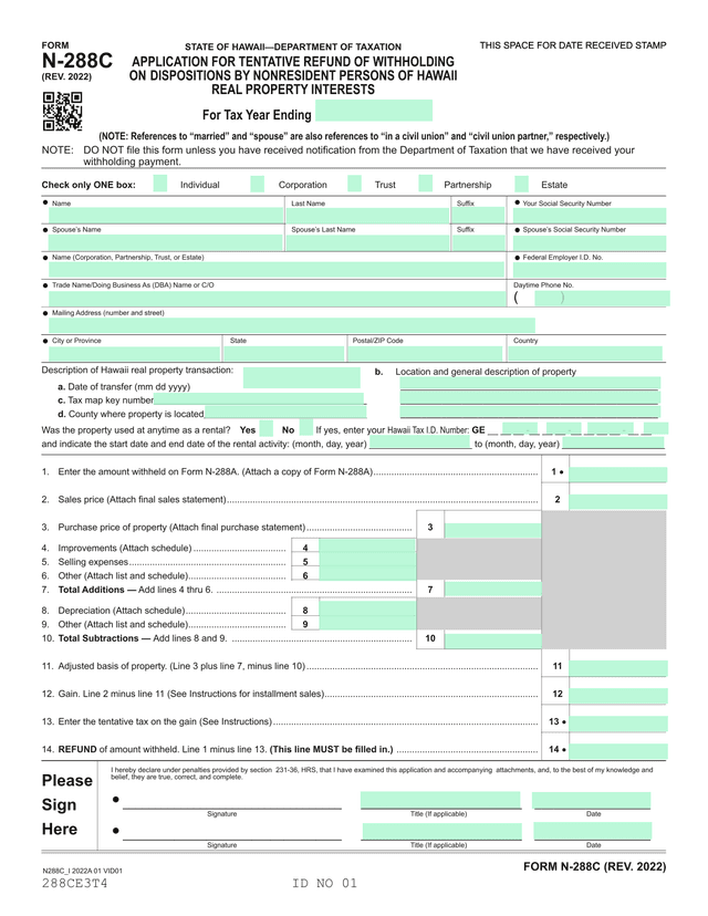 Application For Tentative Refund Of Withholding On Dispositions By Nonresident Persons Of Hawaii Rea screenshot