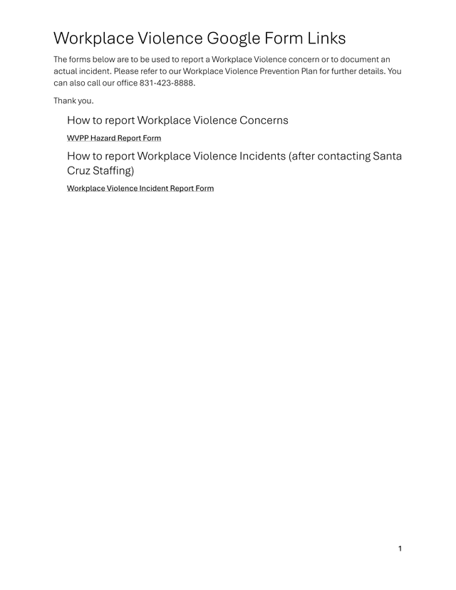 Workplace Violence Google Form Links screenshot