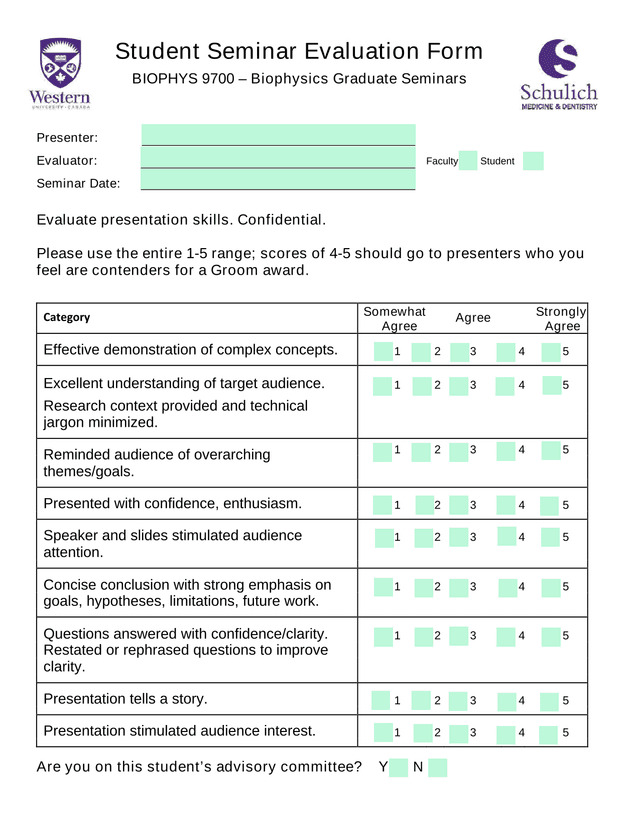 Student Seminar Evaluation Form screenshot