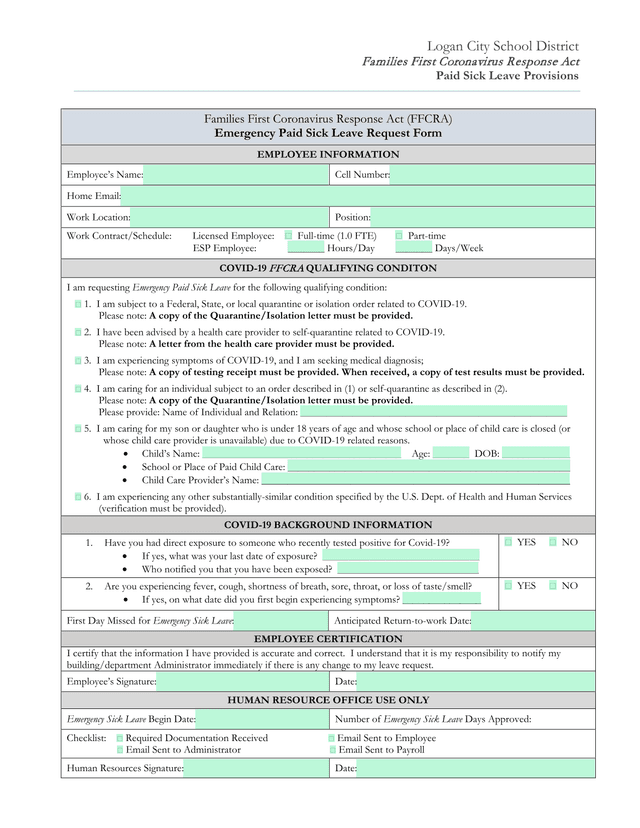 Families First Coronavirus Response Act Emergency Paid Sick Leave Request Form screenshot