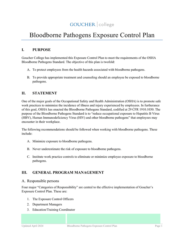 Bloodborne Pathogens Exposure Control Plan screenshot