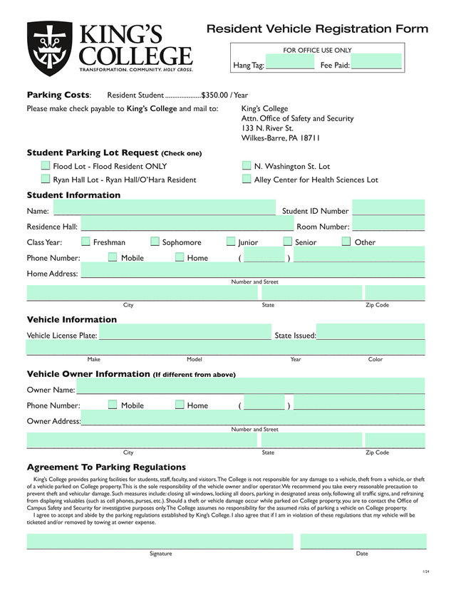Resident Vehicle Registration Form screenshot