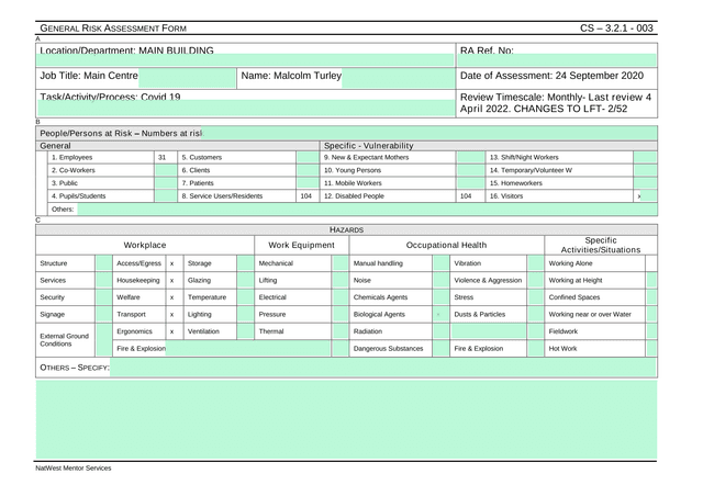 NatWest Mentor Services General Risk Assessment Form screenshot