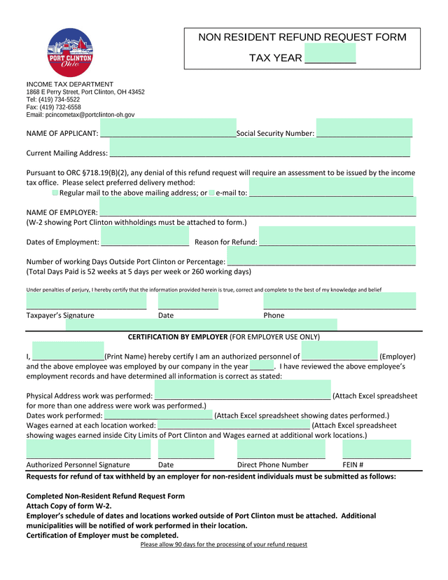 NON RESIDENT REFUND REQUEST FORM screenshot