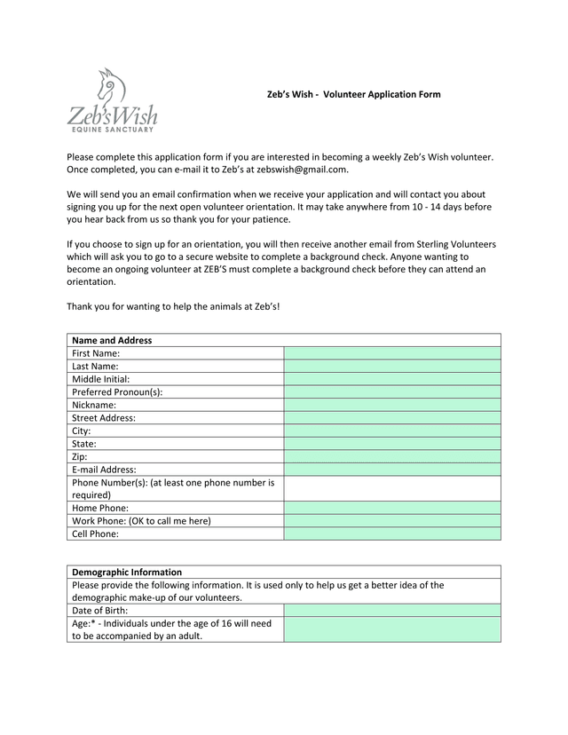 ZebS Wish   Volunteer Application Form screenshot