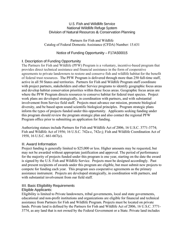 Partners For Fish And Wildlife Notice Of Funding Opportunity screenshot