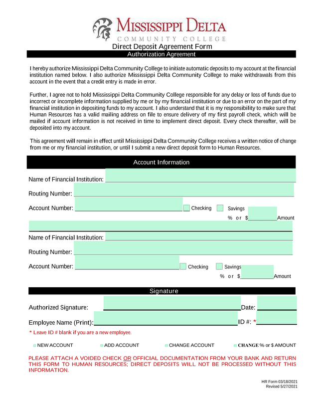 Direct Deposit Agreement Form screenshot